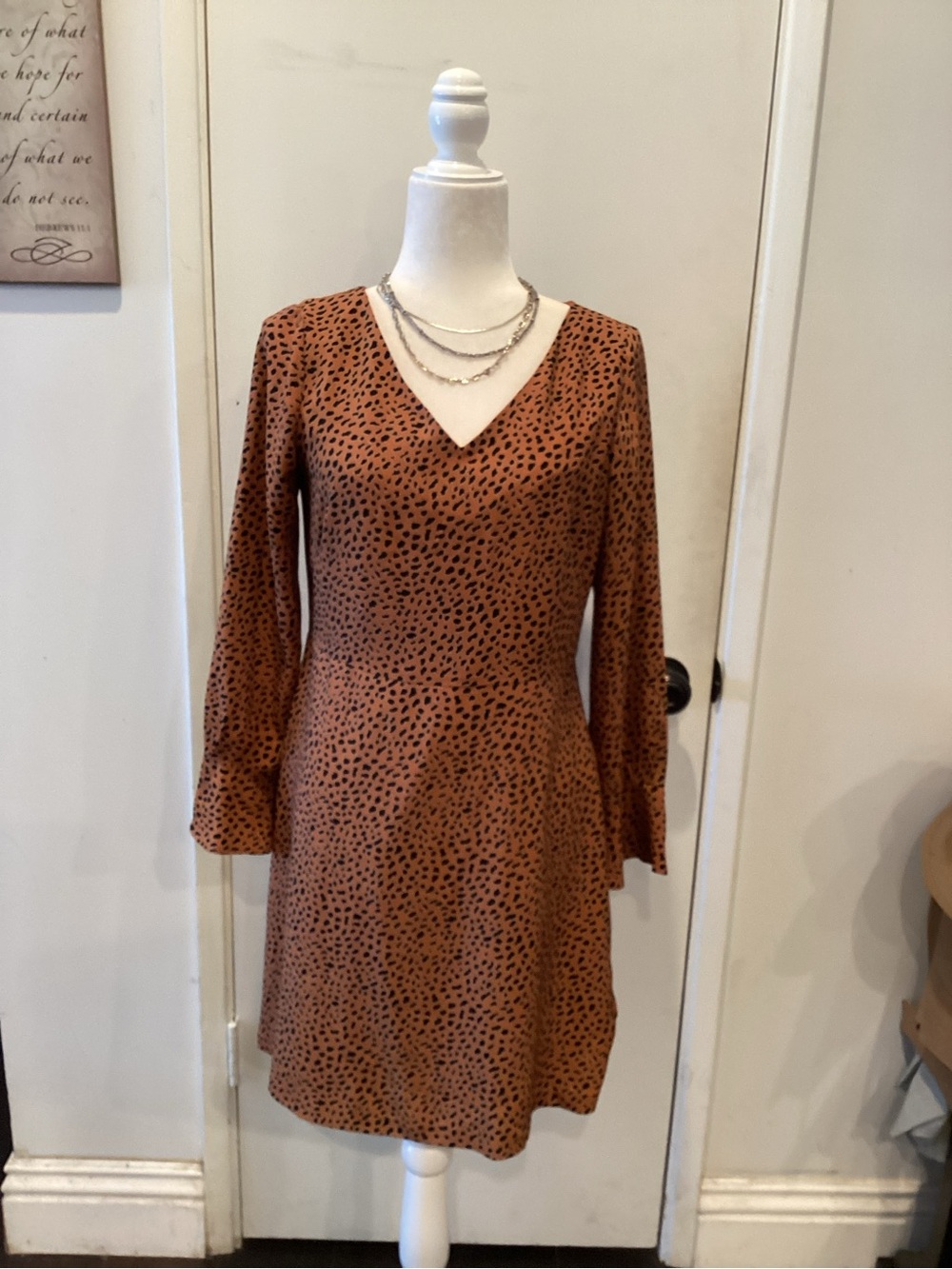 Ann Taylor Factory Rust Brown V-Neck Long Sleeve Fit & Flare Dress